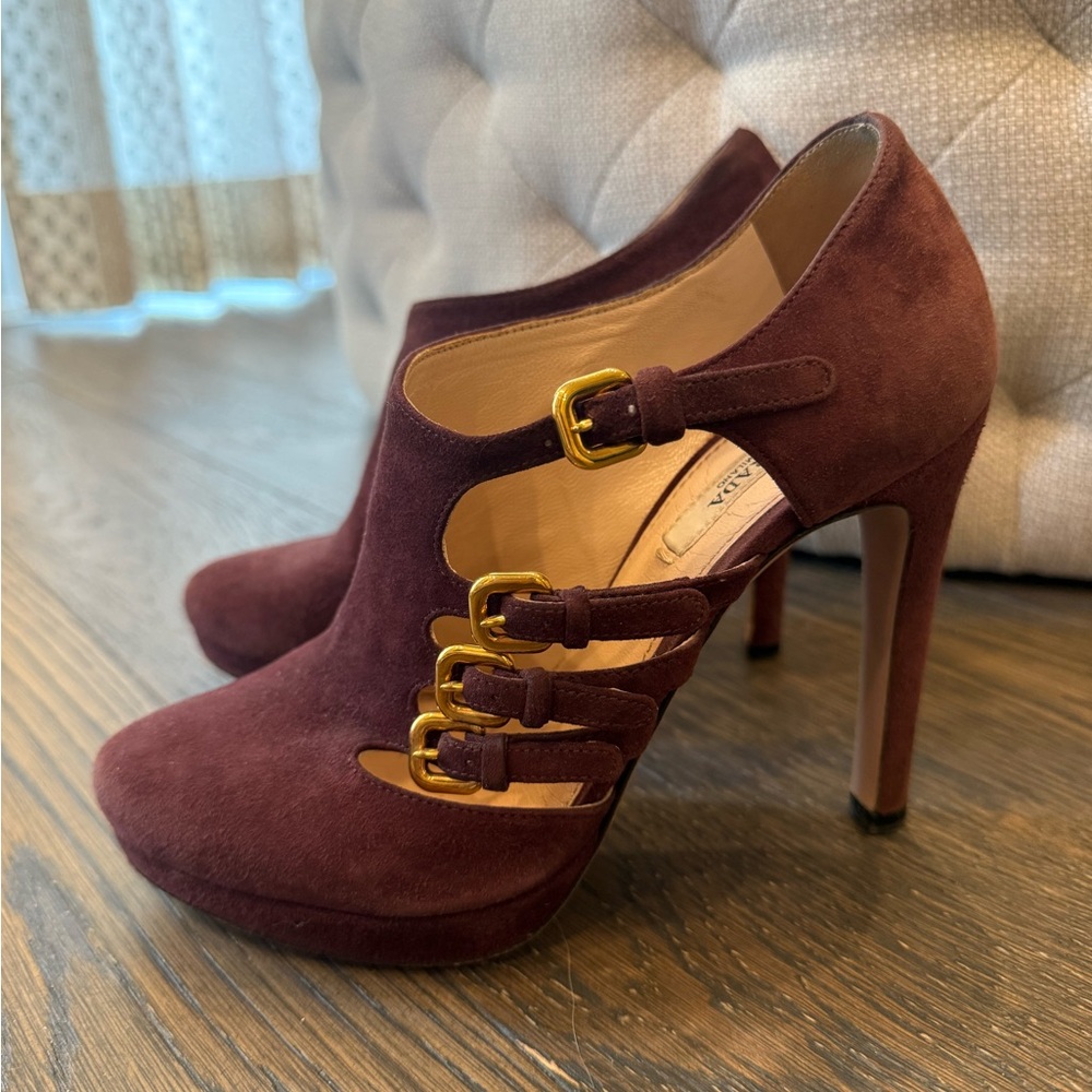 Prada Suede Burgundy Heels with Gold Accents
